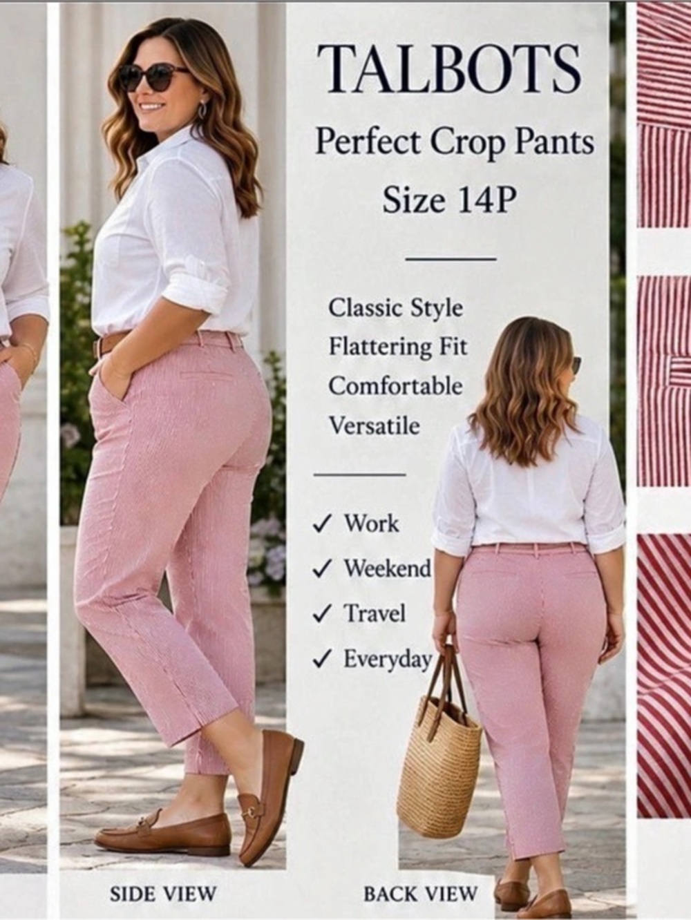 Talbots Perfect Crop Pants Seersucker in Pink & White Size 14P